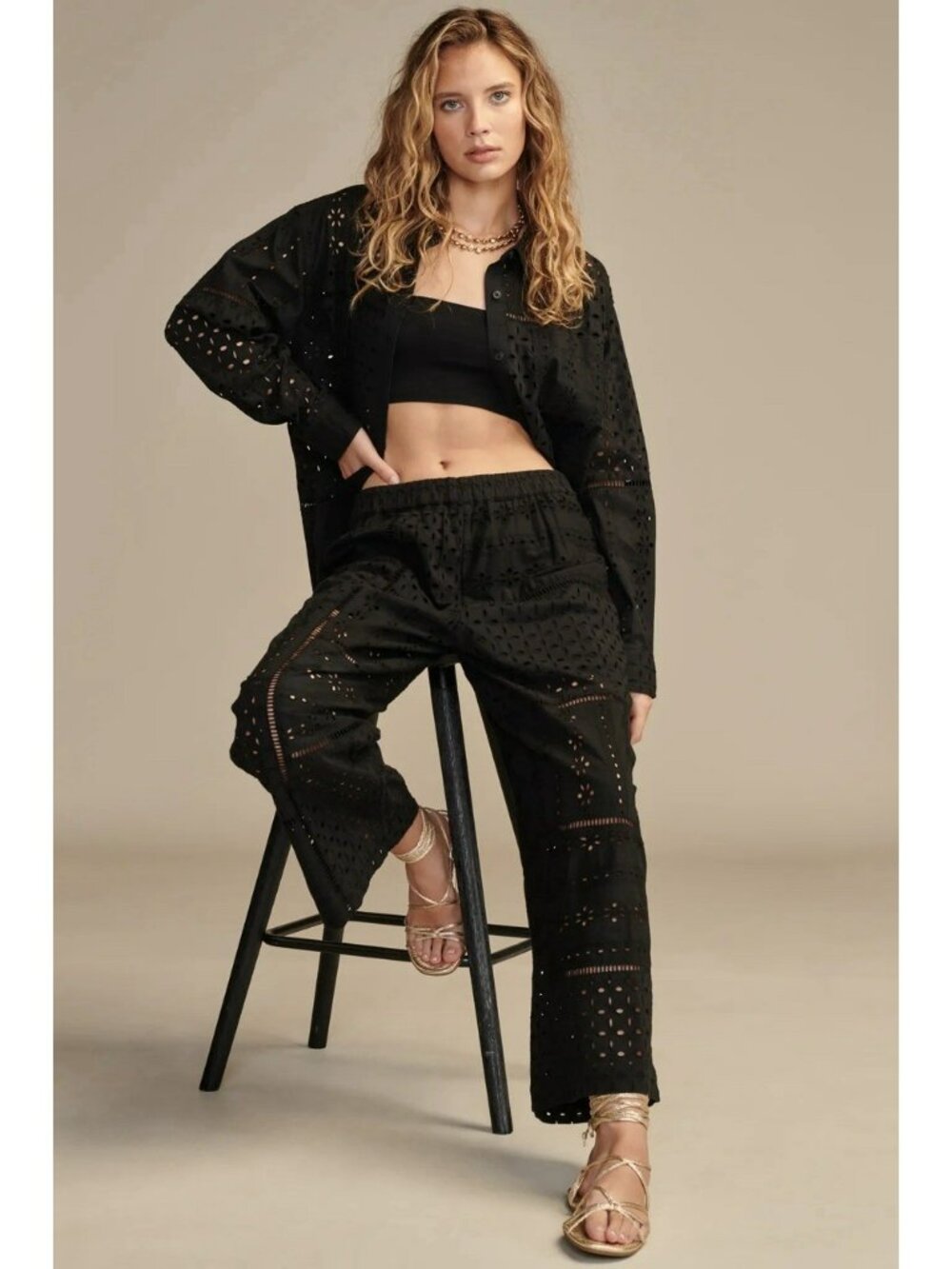 $139 Lucky Brand Black Eyelet Matchback Pants Schiffli Lace 100% Cotton Boho S